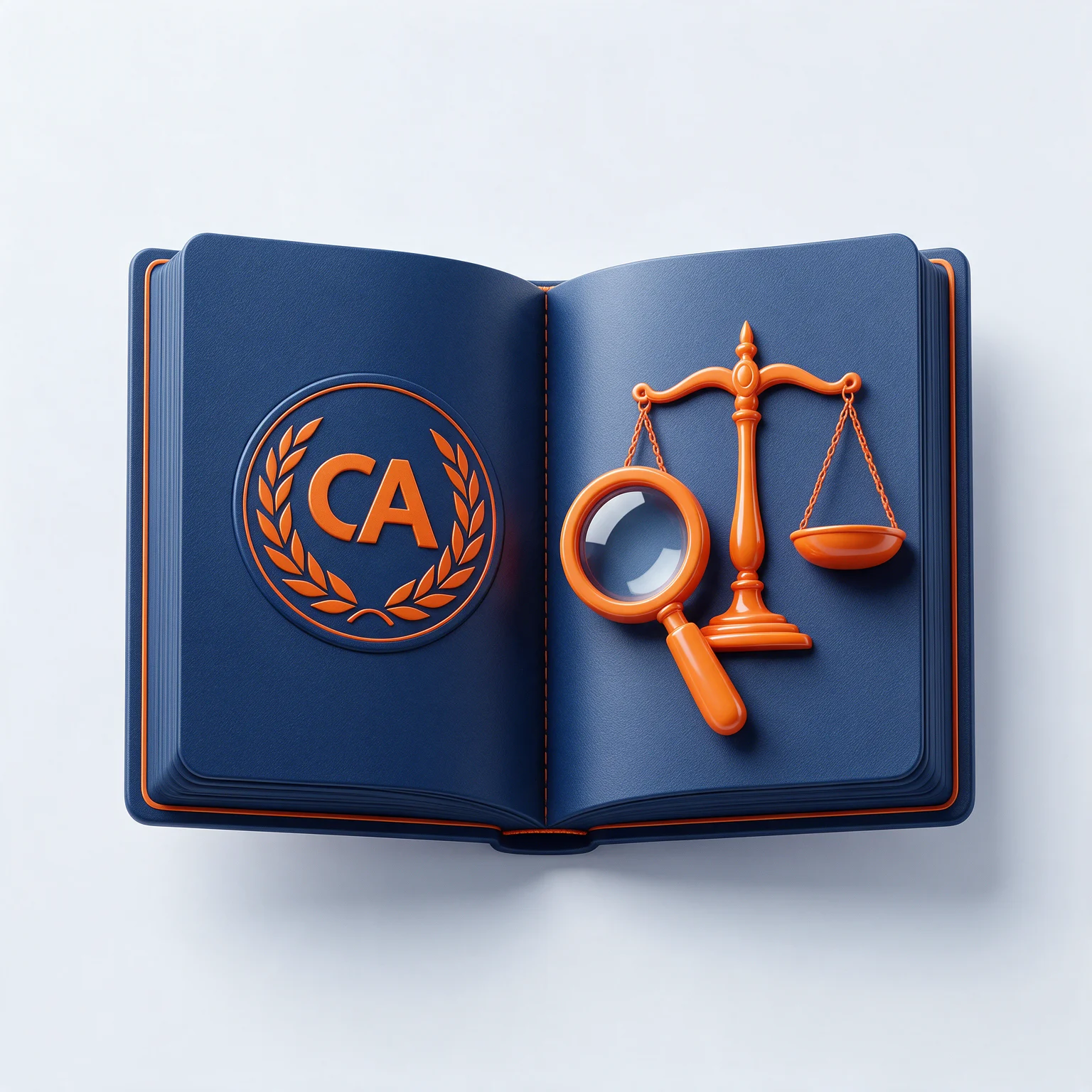 Magnifying glass over a ledger with a CA badge and balance scale