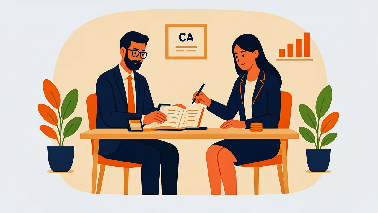 Two CA professionals reviewing ledgers and a laptop, CA certificate on the wall
