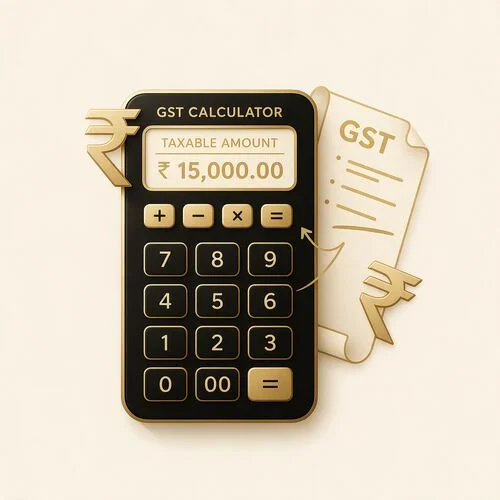 Calculator with GST document and rupee coins